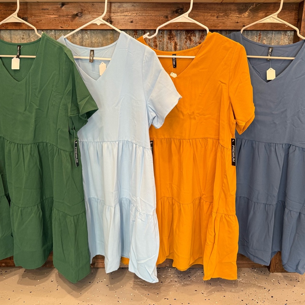 V-Neck Tiered Dresses in Green, Light Blue, Mustard, and Slate